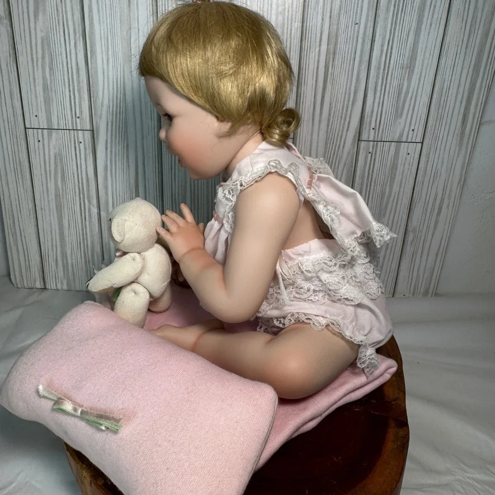 Vintage Ashton Drake 1993 Porcelain Baby Doll Pink Lace Outfit Teddy Bear